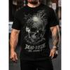 Men's Graphic Tee With Smoky Skull Print And Dead Inside Quote, Short Sleeve Crew Neck Cotton T-Shirt For Streetwear Gym Workout