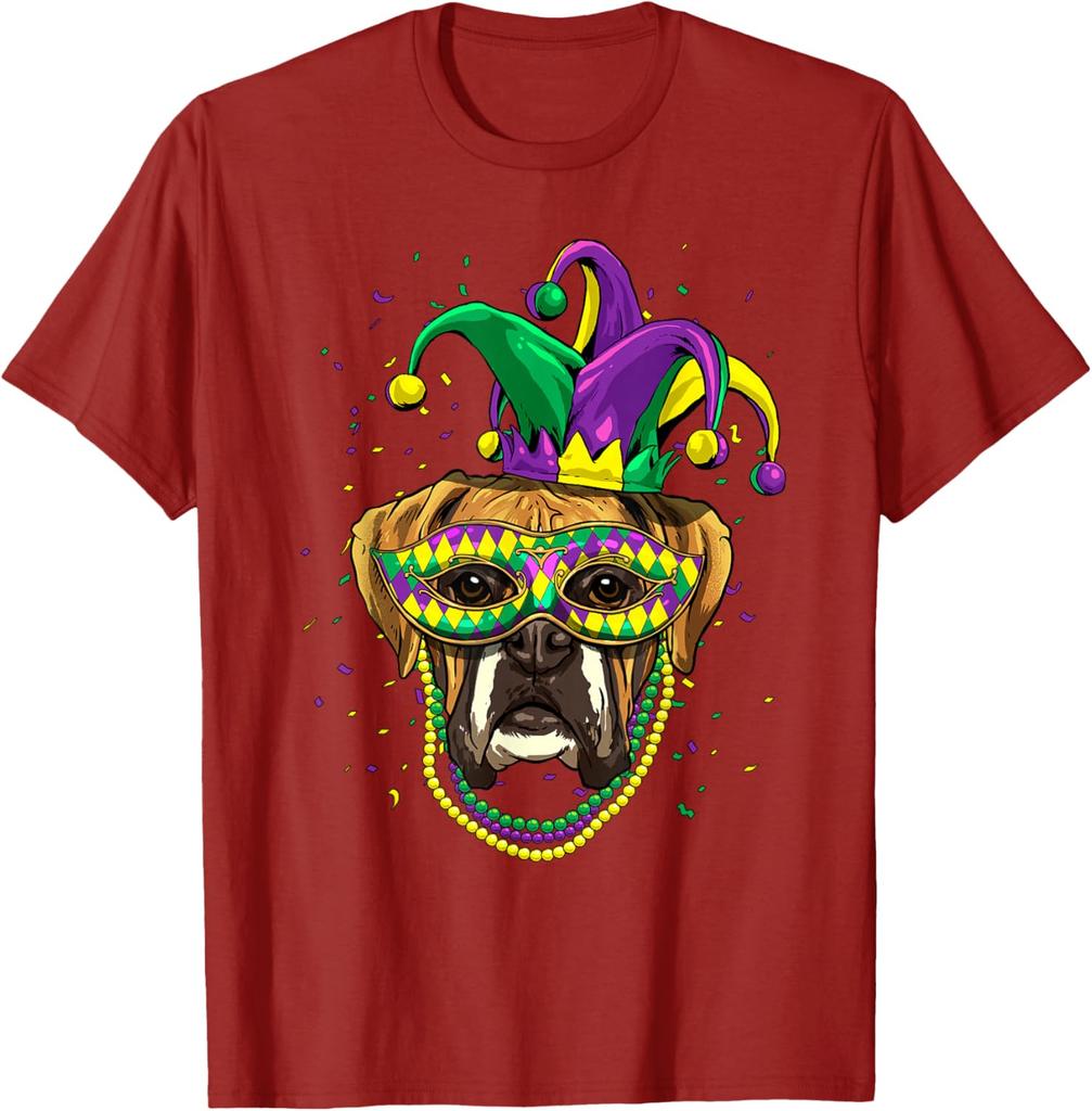 Boxer Dog Mardi Gras  Mask Beads Graphic Print Men Casual Cotton T-Shirt