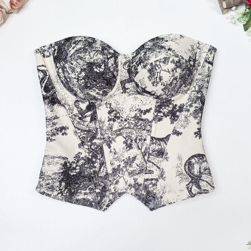 

French-Style Slim-Fit Retro Camisole, Light Luxury Court-Style Ink Painting Tube Top, Spicy Girl Tiger Head Print Fishbone Corset Rui Printing 34B