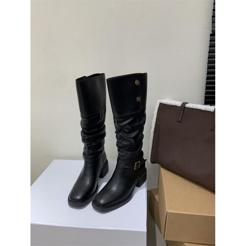 2025 Autumn and Winter Niche Design Wasteland Wind Tall Women's Boots Retro Pleated Thick Heel Stacking Boots Long Boots