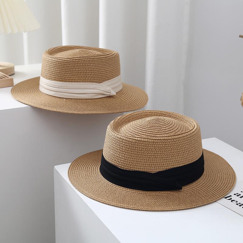 Spring and Summer Beach Flat Top Hat Women's Straw Knitted French Wide Brimmed Jazz British Sun Hats