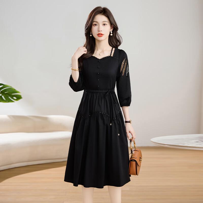 KeBeiEr Women's Black French Style A-Line Seven-Sleeve Dress