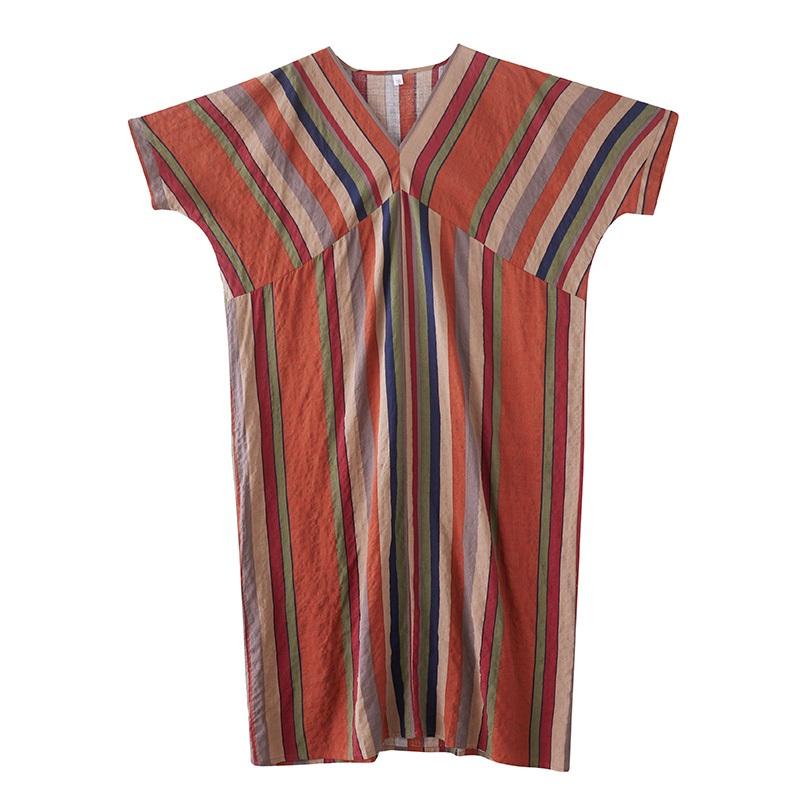 Short Sleeve Plus Size Cotton Vintage Stripe New In Dresses for Women Casual Loose Long Summer Dress