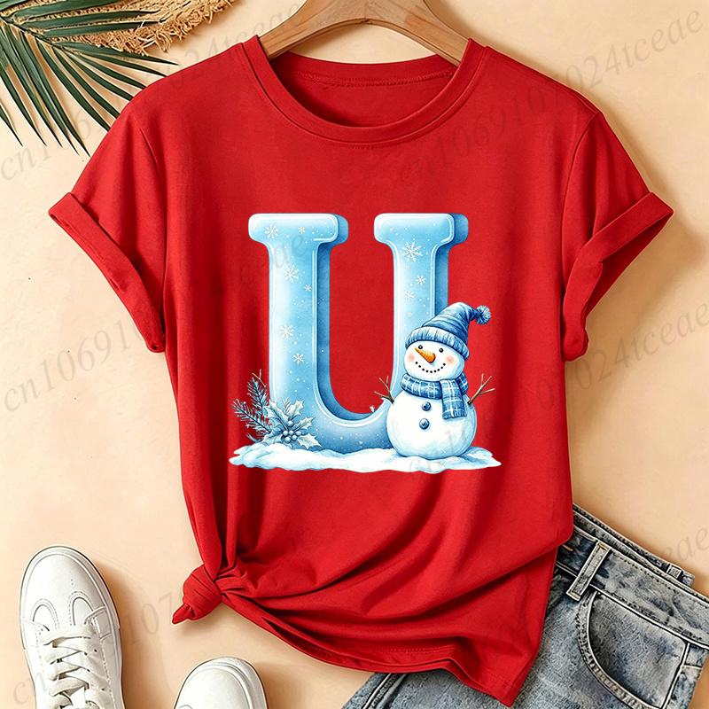 Christmas Snowman Alphabet T-Shirt Women Blue Ice Alphabet Graphic Tees Christmas Holiday Casual Red Short Sleeve Unisex Tops