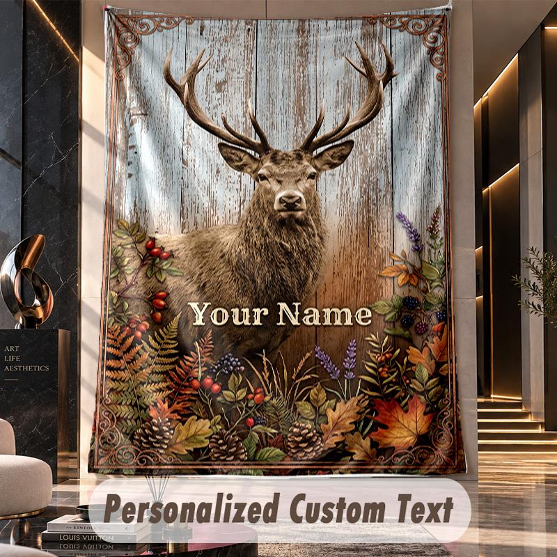 Elegant Deer Nature Scene Theme Wall Tapestry Customized With Name Text Personalized Hanging Tapestry For Bedroom Living Room Decor