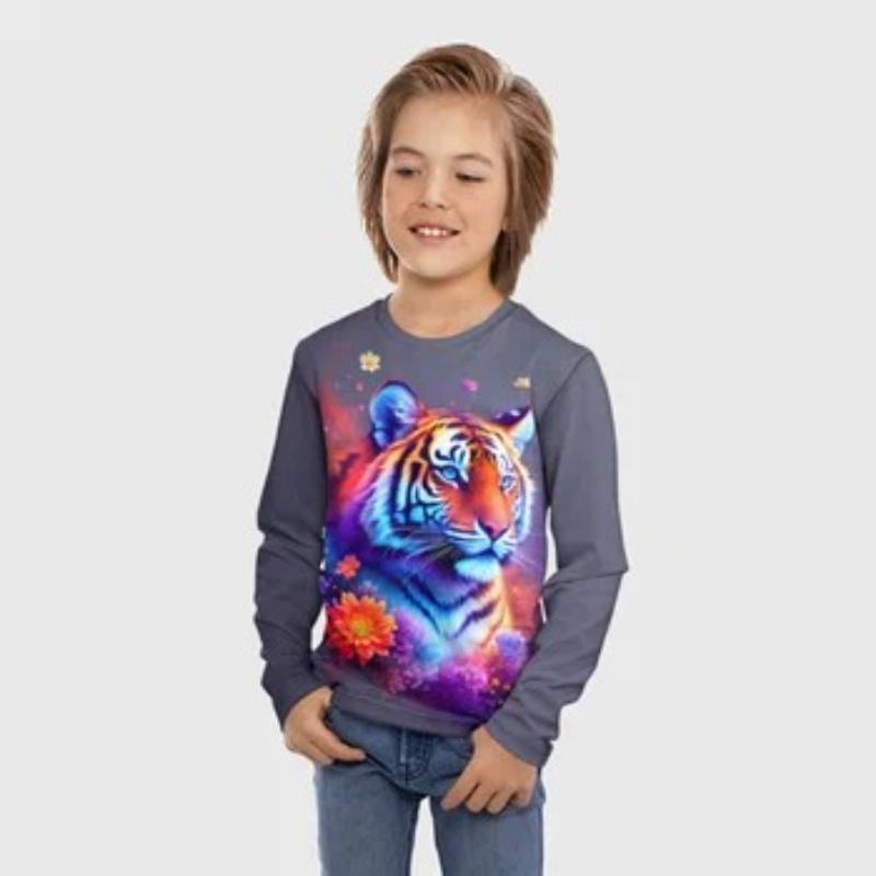T-Shirts Boys Children's Cartoon Tiger Cat Print Cute Long Sleeved Soft Comfortable Top