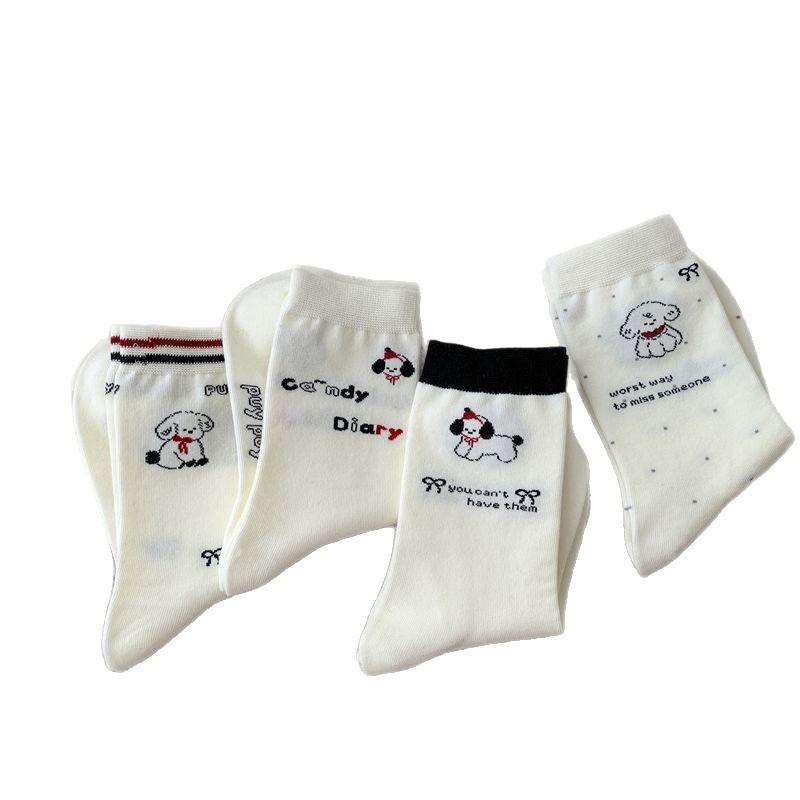 White Cute Cartoon English Dog Boneless Mid-calf Socks for Women, Pure Cotton Bow Polka Dot Pile Socks