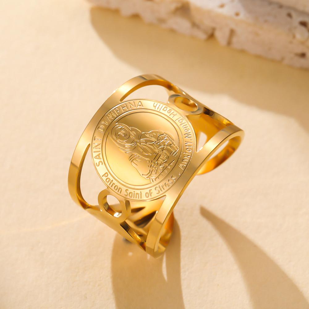 Dawapara Saint Dymphna Women Ring Adjustable Religious Protector Ring Prayer Blessing Stainless Steel Jewelry Christmas Gift