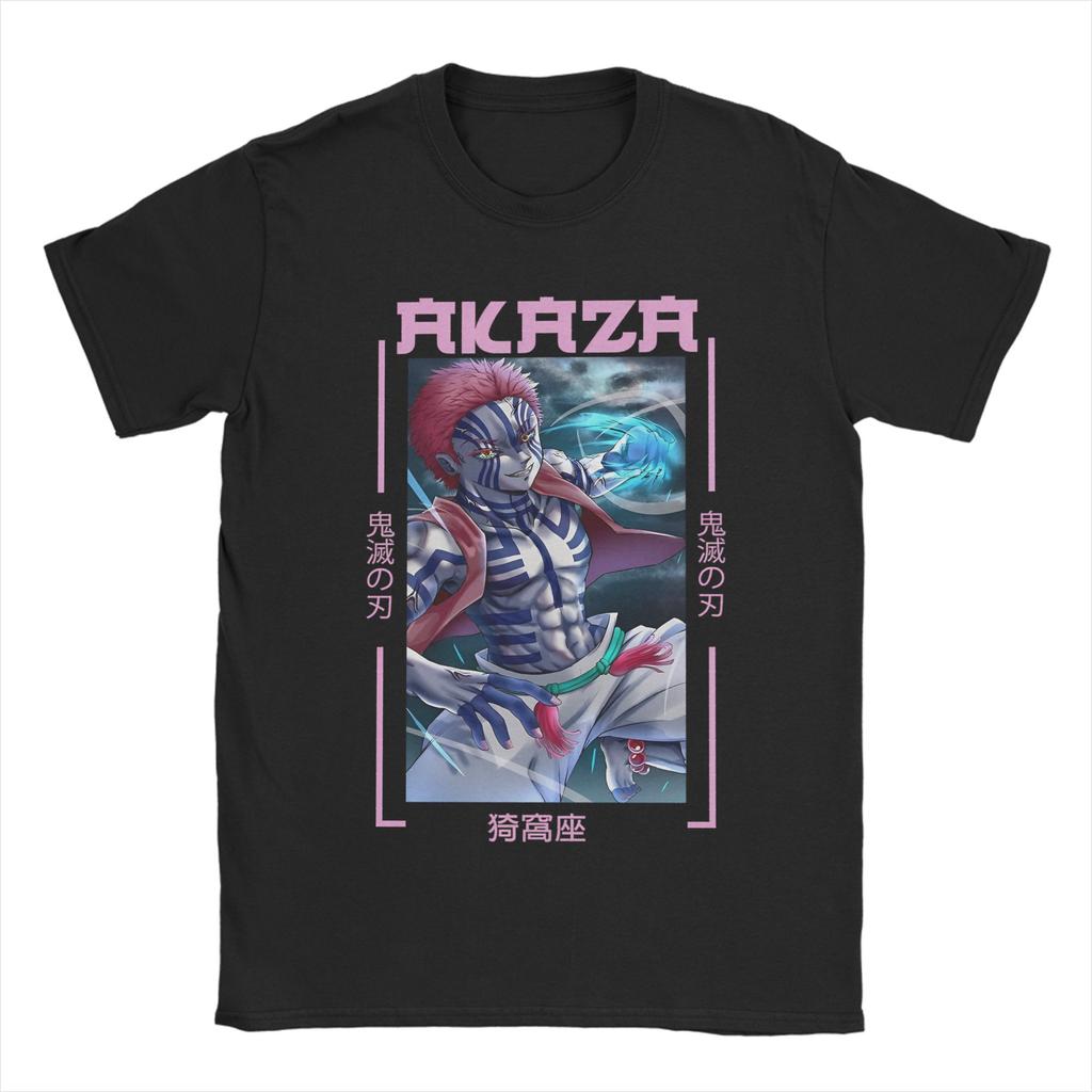 Demons Slayers Akaza Tshirts Men 100%Cotton Tops Hip Hop Anime Crewneck Short Sleeve