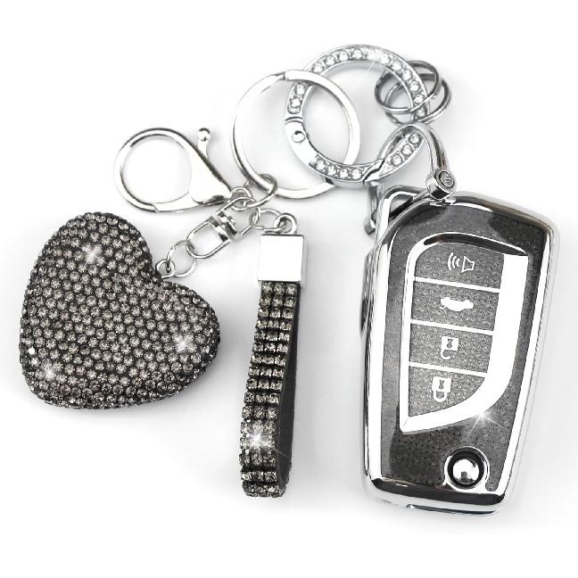 Key Fob Cover with Diamond Keychain, Car Key Holder Compatible with Toyota Avalon Camry Corolla Fortuner Highlander Levin Rav4 Sequoia Sienna Tacoma