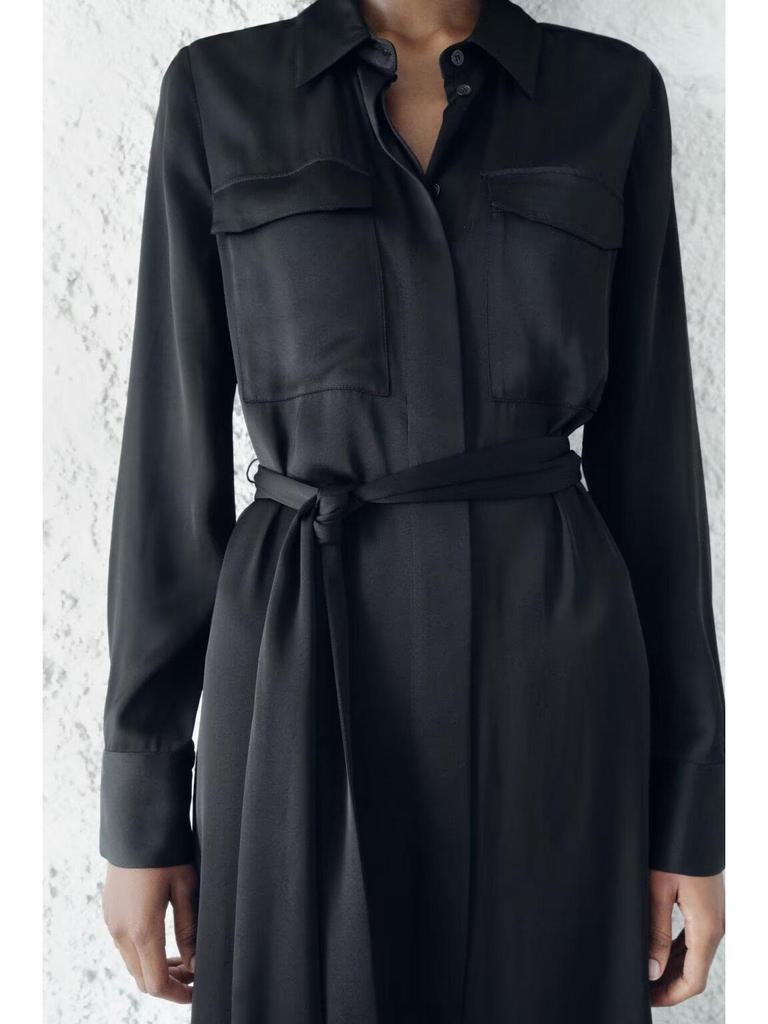 2025 Women's European & American Temperament Long Sleeve Shirt Dress with Pocket Detail