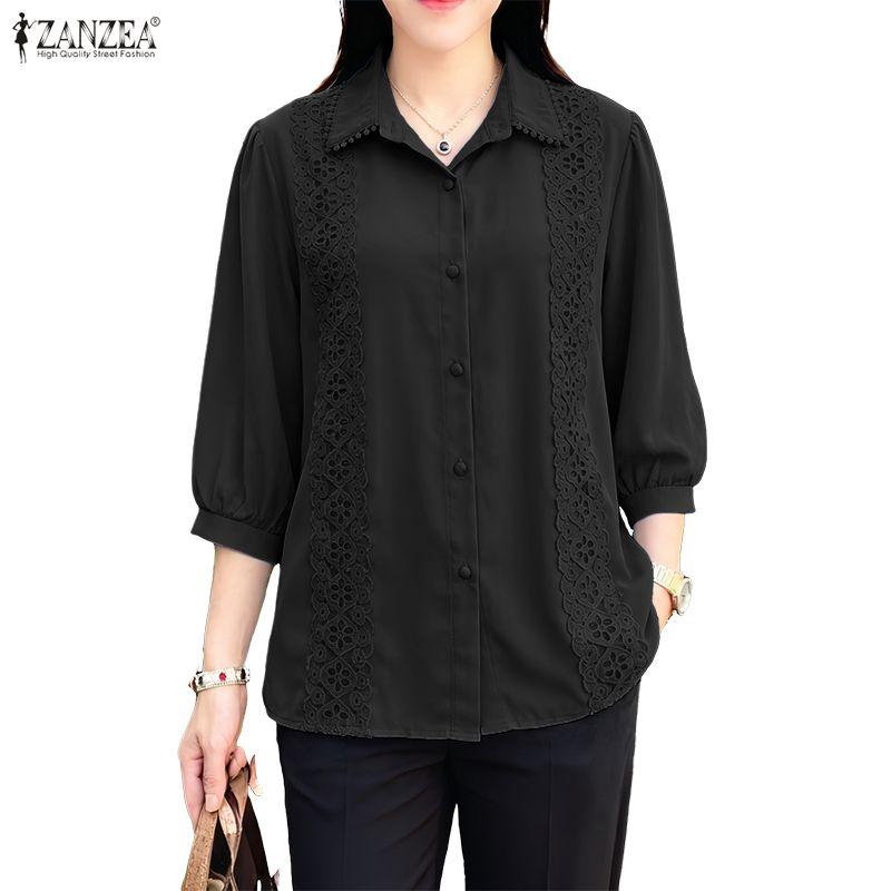 ZANZEA Women Casual Turn Down Collar 3/4 Sleeve Lace Splice Blouse