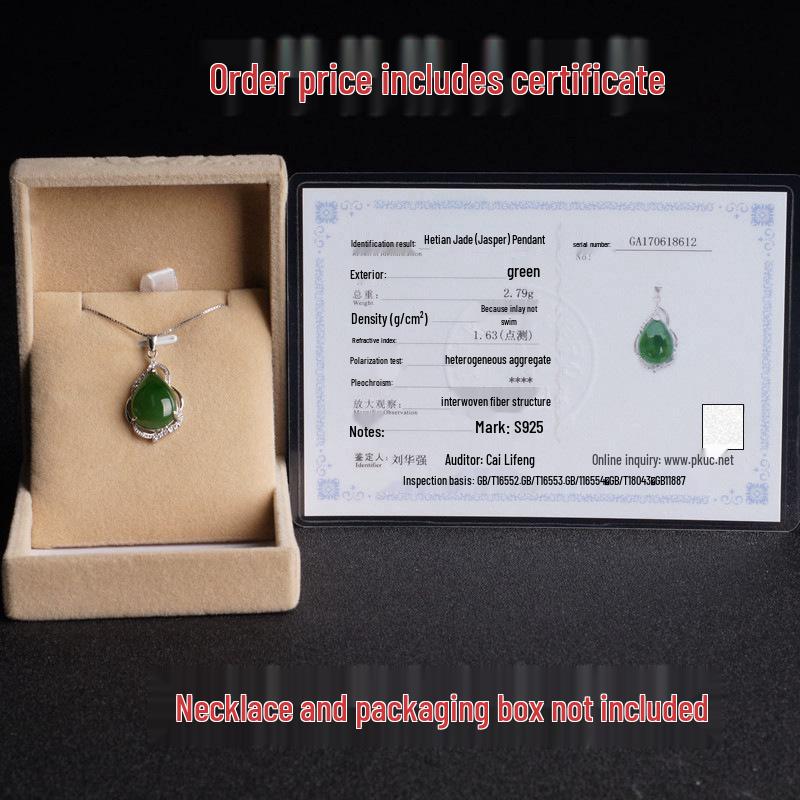 925 Sterling Silver Hetian Jade Water Drop Pendant Necklace with Certificate Jasper Style