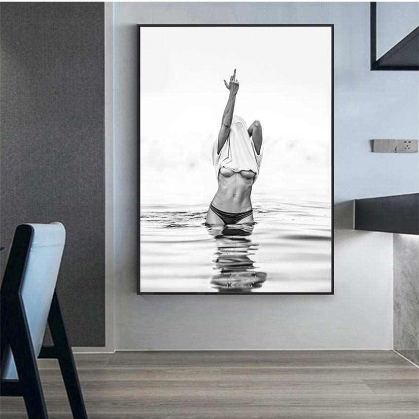 Wall Art Woman Pictures Living Room Decor Fashion Black White Poster Sexy Middle Finger Feminist Canvas Painting