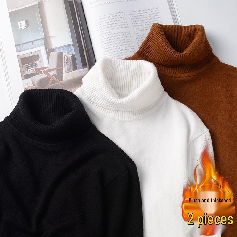 Men's Thickened Woolen High-Neck Sweater with Fleece Lining, Autumn/Winter Warm Base Layer, Rolled Collar Knitwear