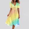 Women's Summer Texture Printed Casual Wrap V Neck Ruffled Hood Short Sleeves Belt A-Line Ruffle Hem Midi Sundress