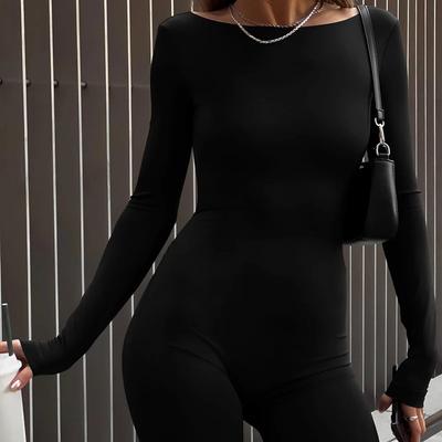 European and American Autumn Solid Color Slim Fit Round Neck Long Sleeved Backless Temperament Spicy Girl Jumpsuit