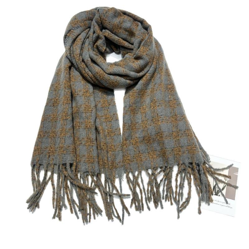 New Retro Plaid Scarf for Women Winter High End All Match Atmosphere Solid Color Imitation Cashmere Scarf Shawl