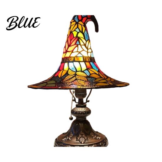 Ambient Bedside Light Stained Glass Style Witch Hat Lamp USB Powered Resin Wizard Night Soft Warm Lamp with Sun Star Gothic Halloween Table