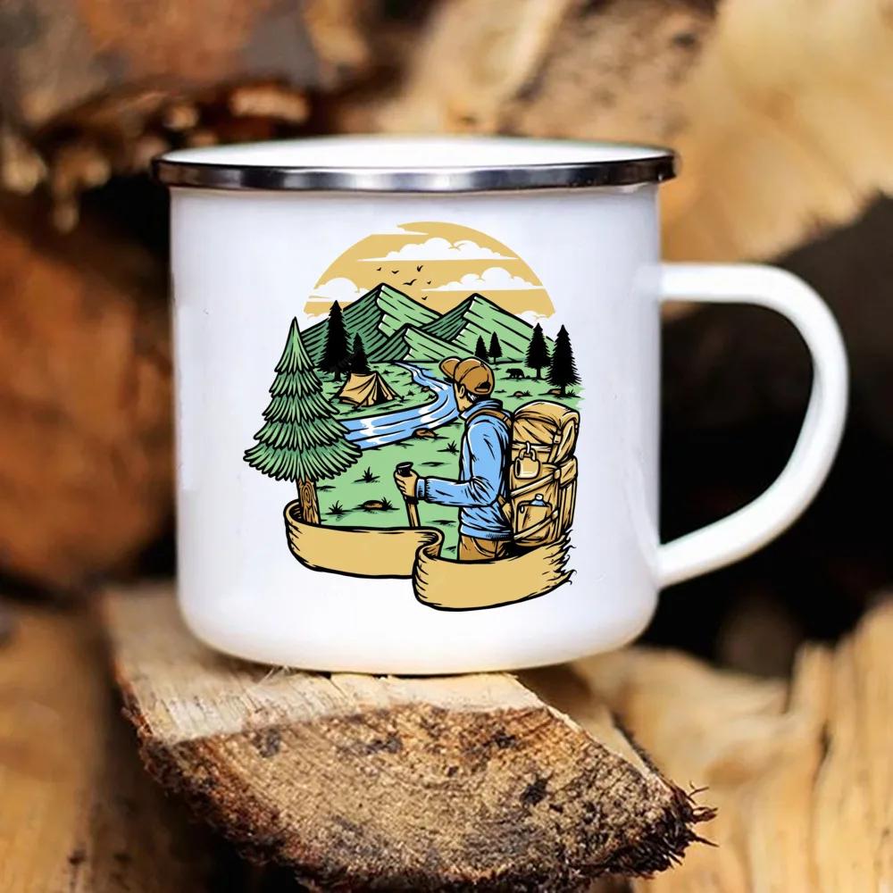 Touring Enamel Mug Caravan Printed Camper Mugs Camping Enamel Mug Adventure Campfire Party Beer Juice Cup Gifts for Camper