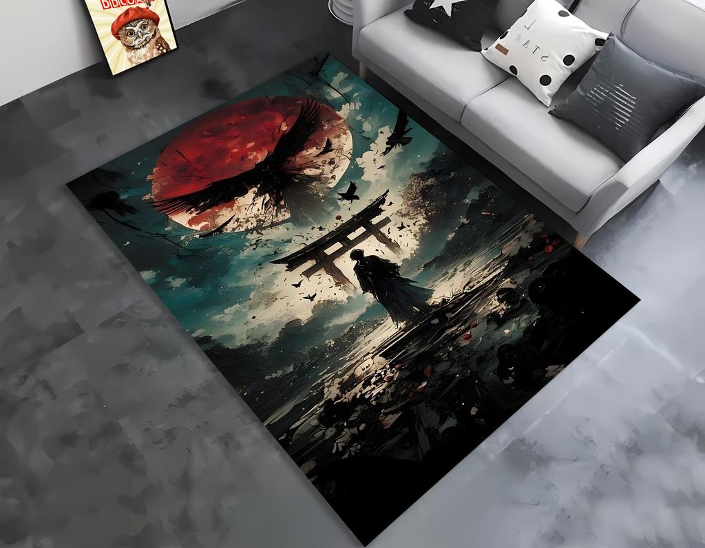 Japanese Samurai Ink Art Print Area Rug, Traditional Warrior Floor Mat for Living Room Bedroom Game Room Dorm Home Decor