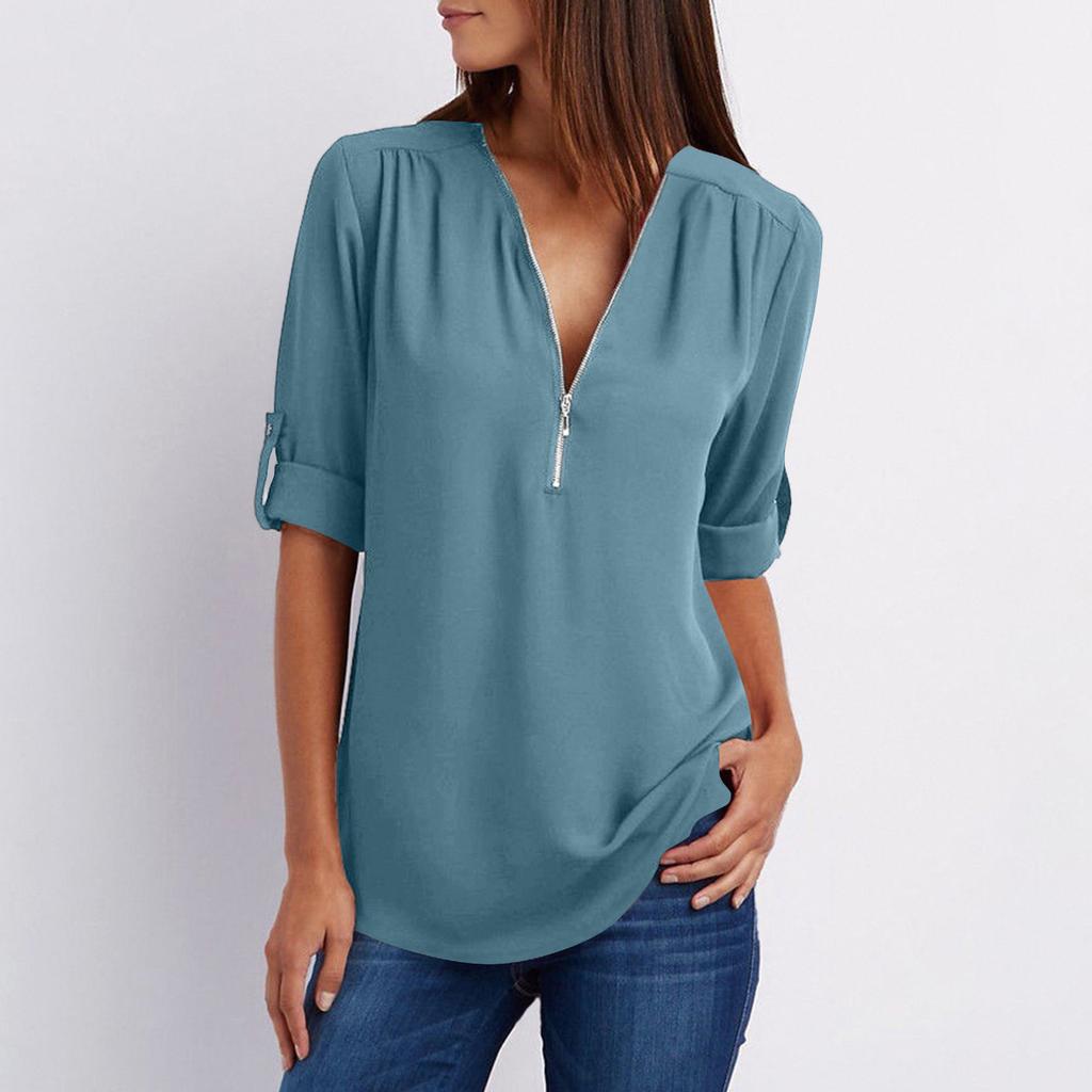 Women's Color Casual Fashion V-neck Zipper Long Sleeved Loose Chiffon Top With Adjustable Sleeves