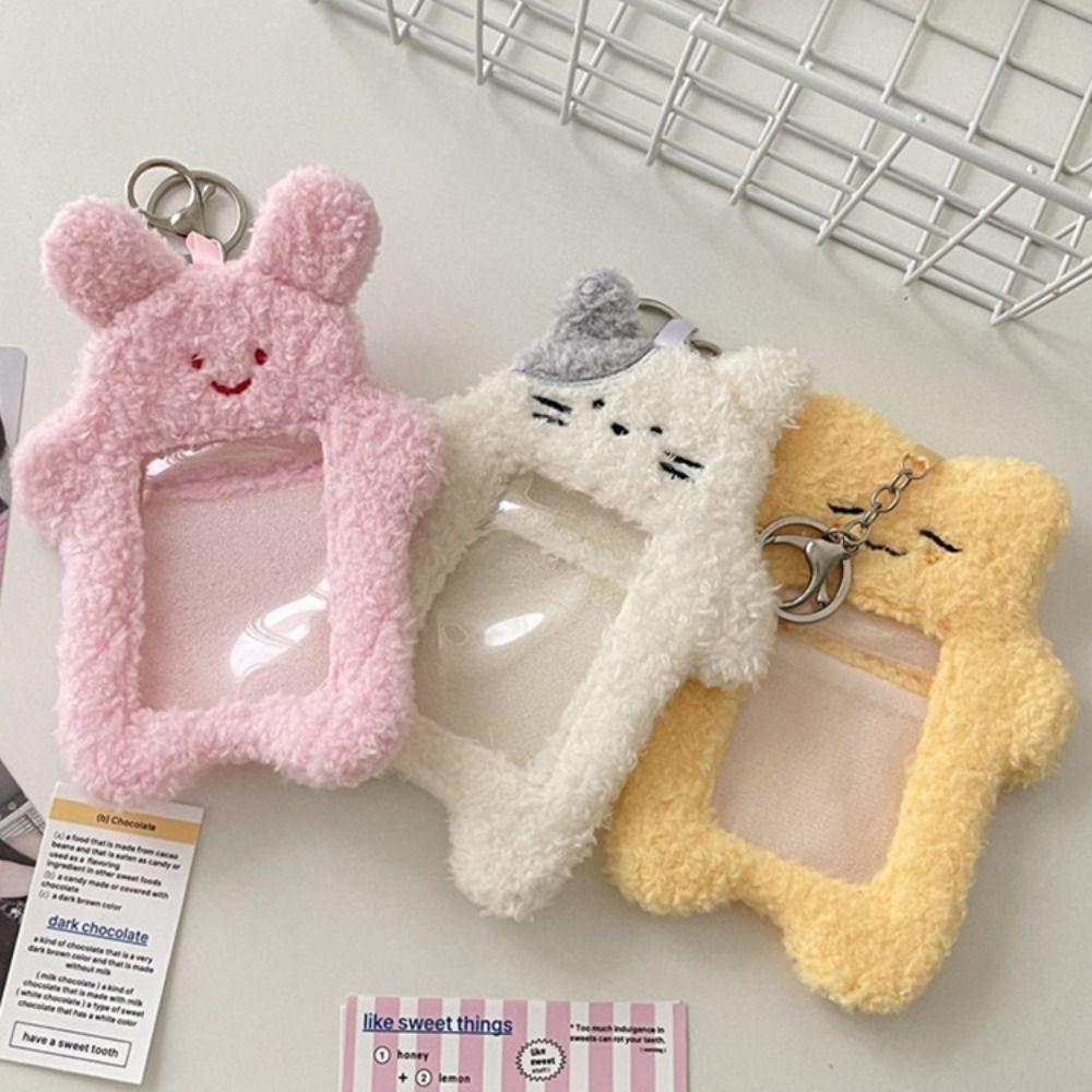 Cat Cartoon Plush Photocard Holder Korean Style Rabbit Cartoon Card Cover Card Sleeve with Keychain Pendant Bus Card Holder Girl