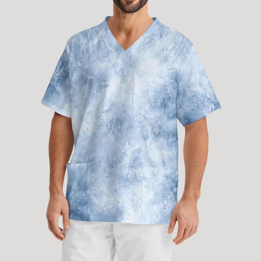 Men's Printing Short Sleeve V-neck Working Blouse Chest Pocket Carer Top