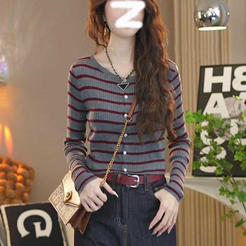 

Women s Gray Striped Knitted Cardigan Coat - Round Neck, Long Sleeve, Slimming Inner Layer Sweater Top S (below 40 kg)