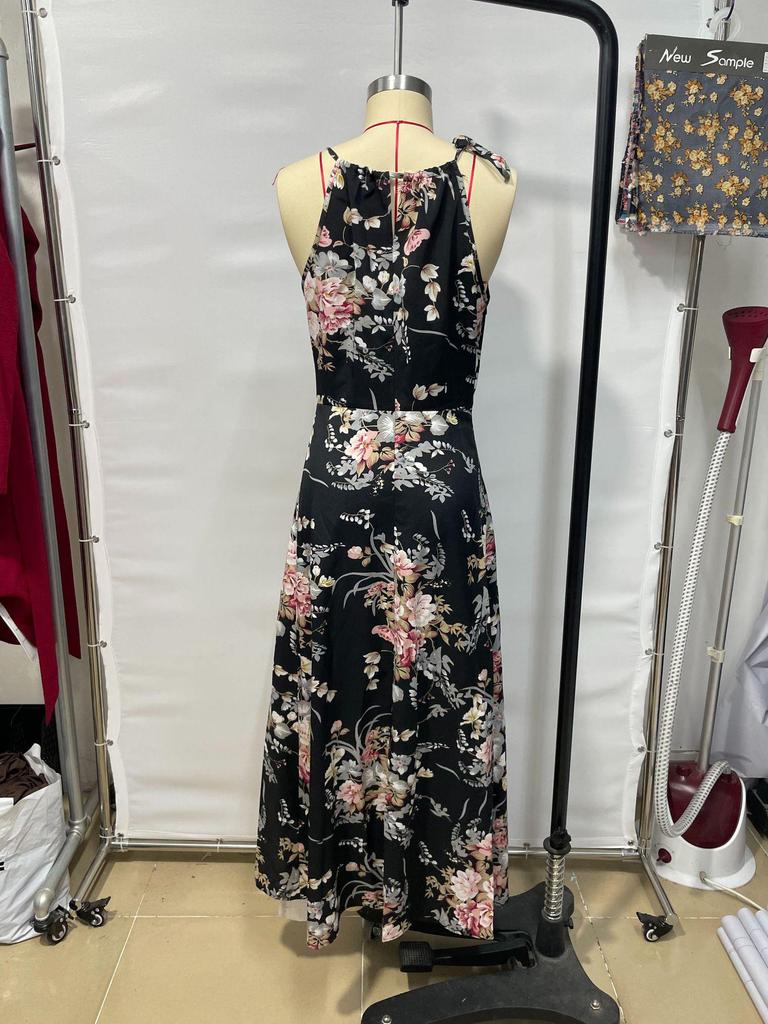 2025 Spring/Summer Floral Print Slit Halter Neck Dress - European & American Style