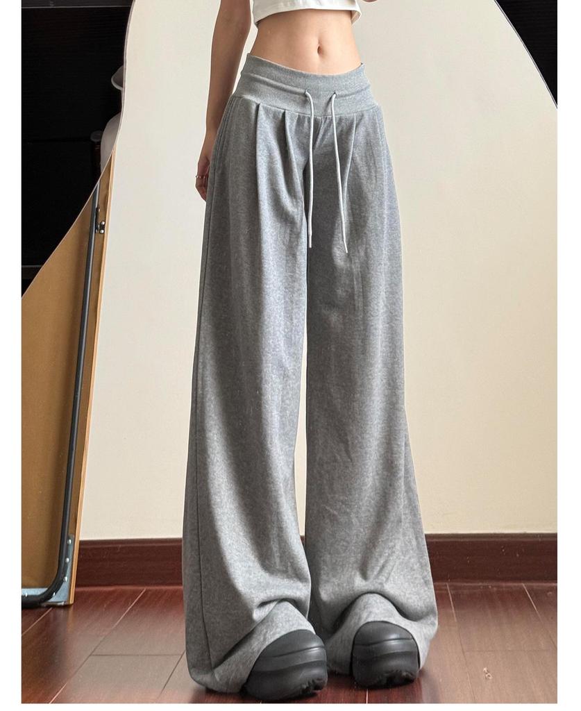 Women's Spring Arrival American-Style Grey Low-Rise Sweatpants, Drapey Comfortable Straight-Leg, Loose Wide-Leg Floor-Length Pants