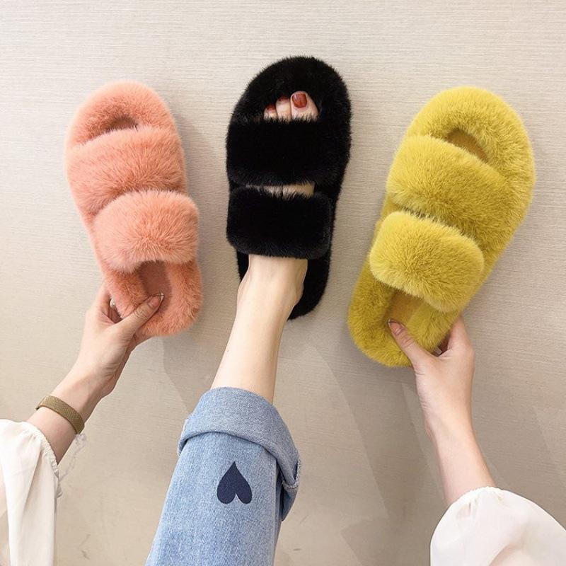 Autumn and winter new double with fluff mop outer wear fashion casual women's one-word cotton slippers flat bottom home plush slippers