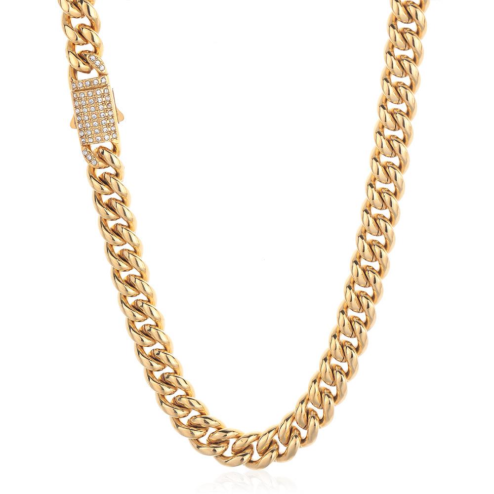 European and American Stainless Steel Jewelry Zircon Spring Buckle Cuban Chain Titanium Steel Necklace Hip Hop Personality Men's Necklace