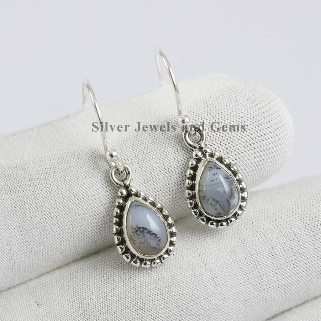 Dendrite Opal Sterling Silver Earrings: Handmade Teardrop Gemstone