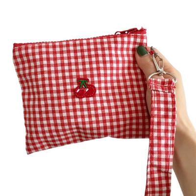 Red Cherry Canvas Makeup Bag Red Plaid Portable Large Capacity Cosmetic Lipstick Storage Bag Travel Toiletry Handbag Pouch