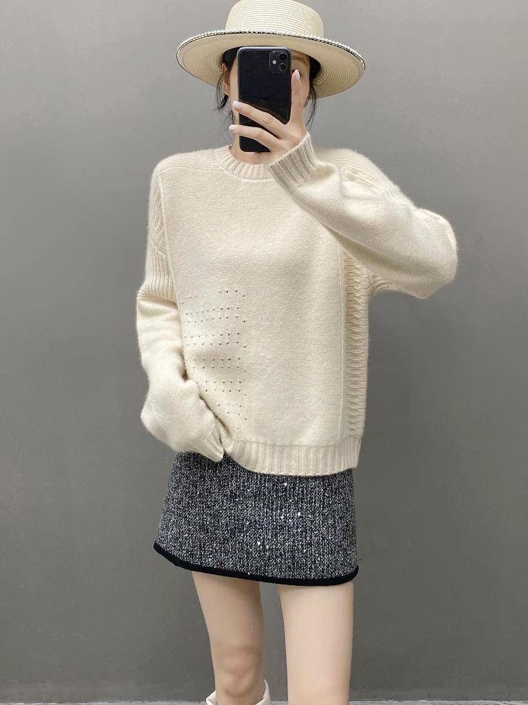 Women's Cashmere Round Neck Hollow Knit Sweater - Long Sleeve Loose Fit for Autumn & Winter