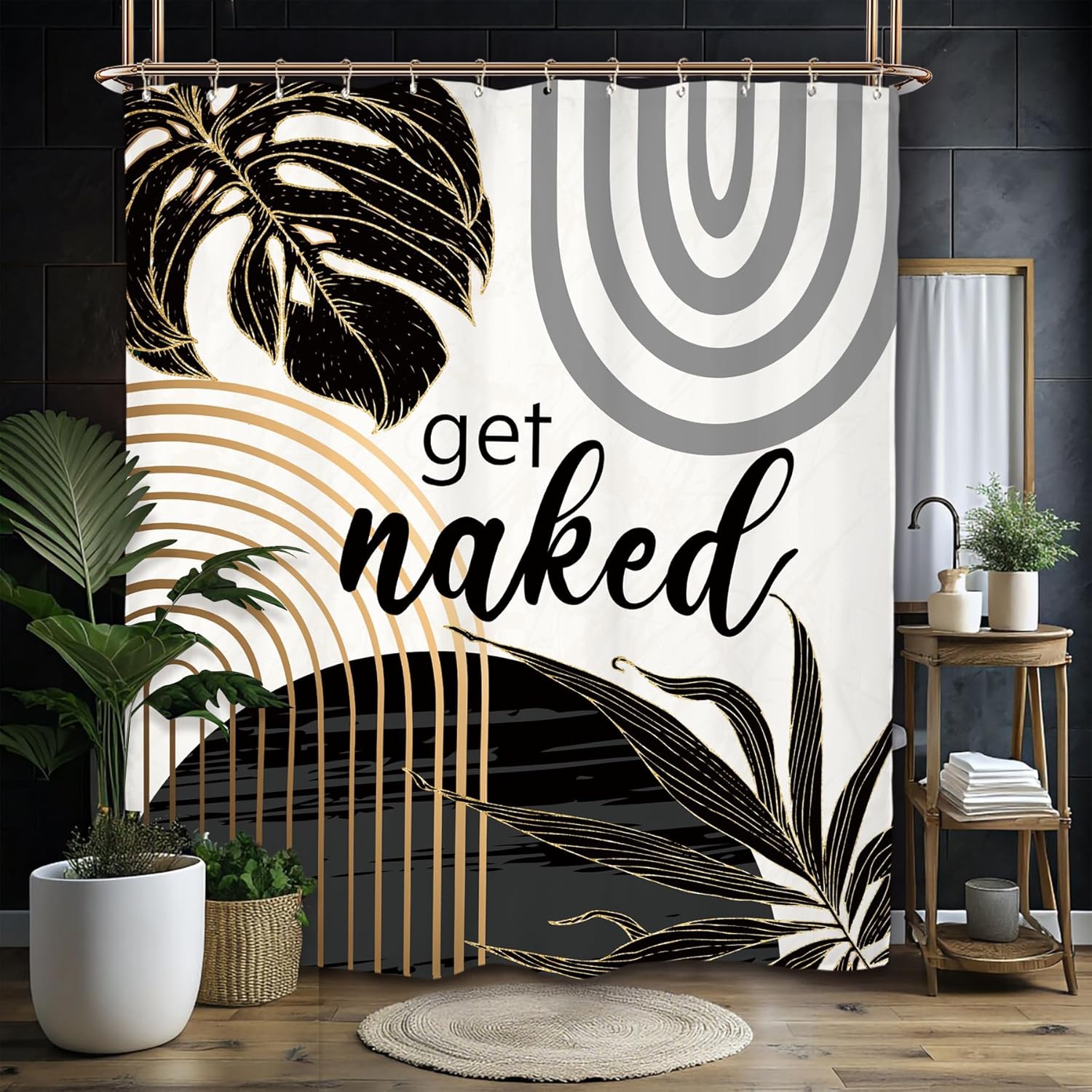 

Black Gray Abstract Shower Curtain Set Get Naked Minimalist Aesthetic Modern Contemporary Plant Polyester Waterproof Bathroom W60H190(CM)-1 Pcs