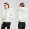 Palton de iarnă elegant pentru femei, stil european/american, design cu talie înaltă, cald și la modă, cu guler mare din blană artificială.