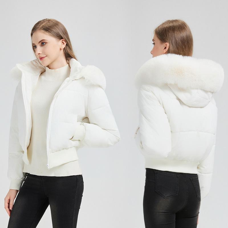 Palton de iarnă elegant pentru femei, stil european/american, design cu talie înaltă, cald și la modă, cu guler mare din blană artificială.