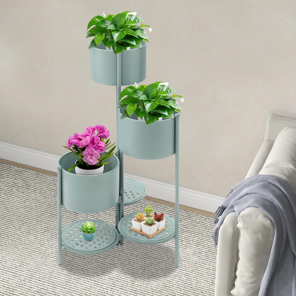 Corner Plant Stand for Indoor Plants, Shabby Chic Green Tiered Ladder Shelf, Vintage Iron Display Rack for Living Room Decor