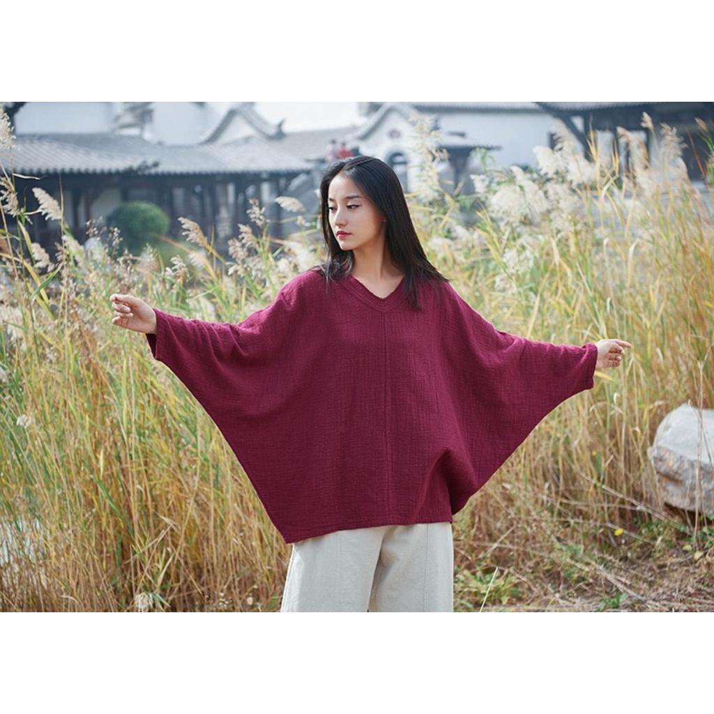 Bat Sleeve T-Shirts Vintage Women Cotton Linen V-Neck Solid Color Women Cloths Casual T-Shirts