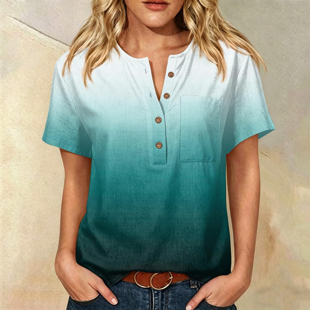 Women’s Fashion Printed Henley Button Neck Short Sleeve Cotton Linen Shirt with Chest Pocket Gradient Design Loose Fit Top