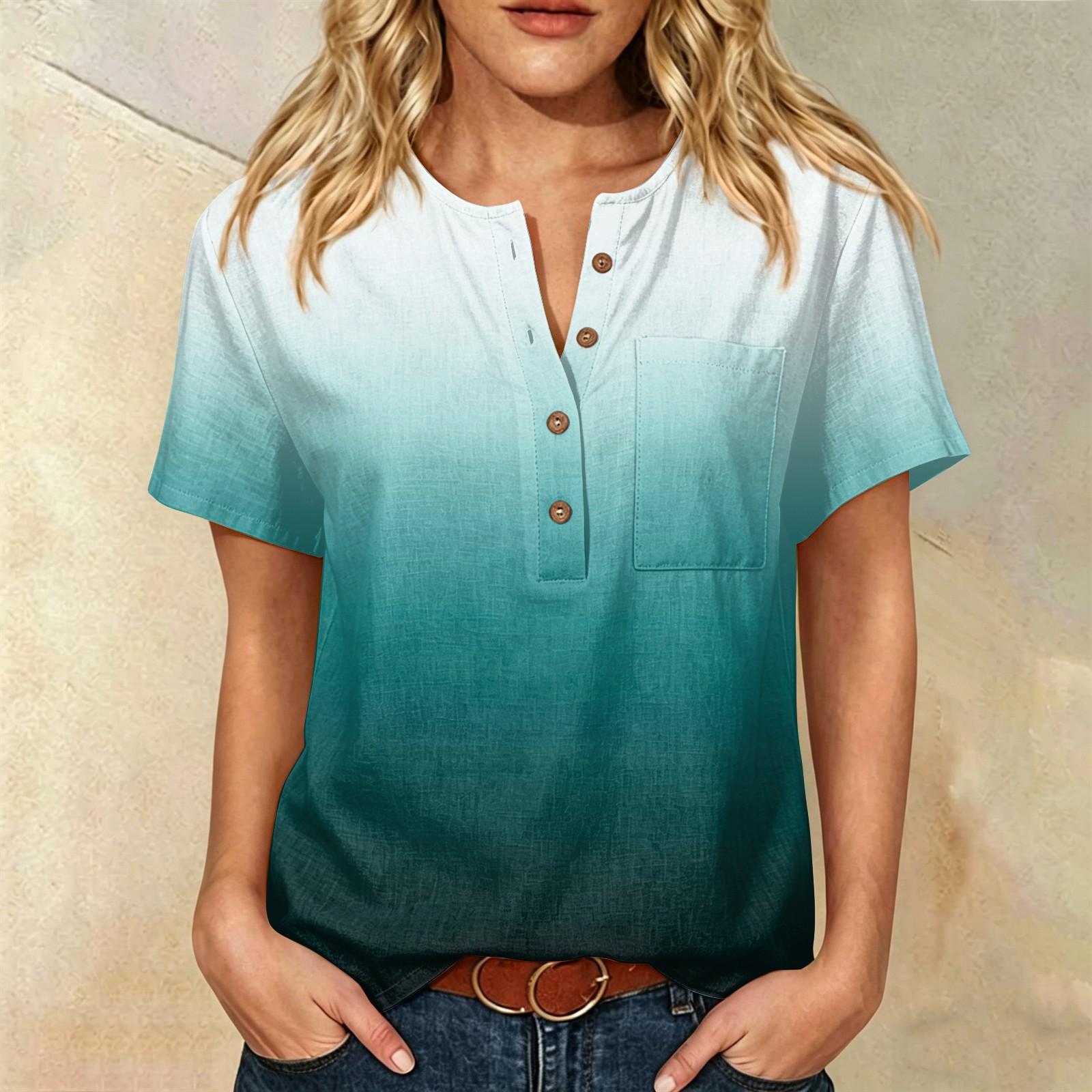 

Women’s Fashion Printed Henley Button Neck Short Sleeve Cotton Linen Shirt with Chest Pocket Gradient Design Loose Fit Top L ціан