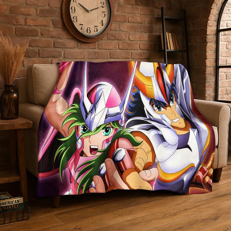 Retro Saint Seiya Anime Cartoon Flannel Blanket Soft Warm Throw Blanket for Bedroom Living Room Bed Travel Camping Picnic Gift
