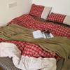 INS Girls Retro Red Grid Bedding Sets  New Lace Bed Sheet Set Women Plaid Queen Size Duvet Cover Sets With Pillowcases