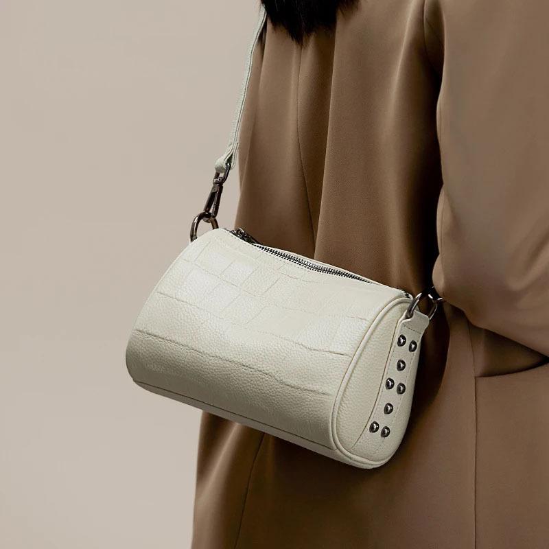A High-end Genuine Leather Cylindrical Pillow Bag for Women, A Crocodile-patterned Cowhide Single-shoulder Crossbody Bag