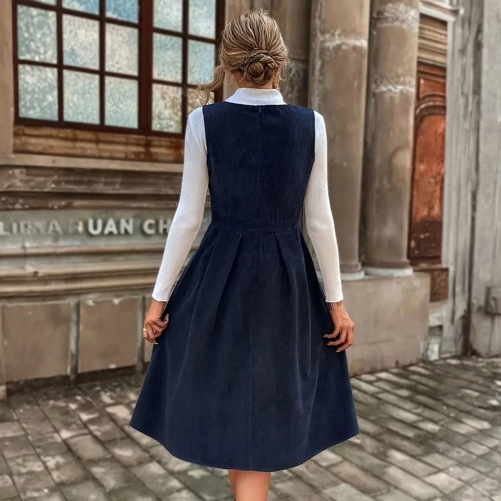 Women's Fashionable And Elegant V-Neck Corduroy Suspender Dress