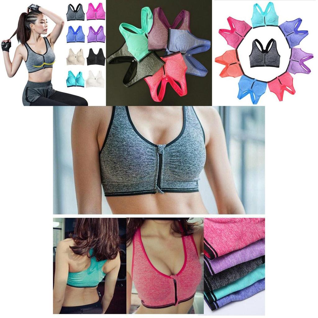 Womens Zip Front Wireless Padded Sports Bra Yoga Cami Push Up Support Top Vests