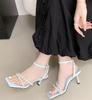 Fashion Luxury Rhinestone Ankle Strap Women Sandals High Quality Square Toe Buckle Thin Heel Slide Sandals Fashion Comfort Banquet Shoes