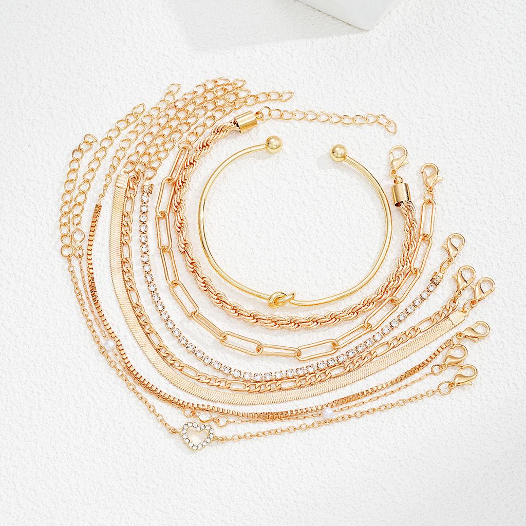 9 Pcs New Heart Zircon Snake Chain Bracelets Set for Women Fashion Gold Color Crystal Cuban Chain Bracelet Vintage Boho Jewelry